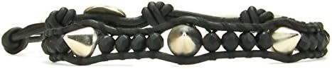 Chan Luu Matte Black Onyx Single Wrap Bracelet with Silver Cones on Leather BSZ3659