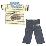 Bon Bebe - Boys 2 Piece Pant Set, White/Blue Polo with Highway Rebel and Motorcycle with Denim Pants, Available in Various Sizes