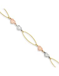 14k Tri-color Marquise Link D/c Puff Hearts Bracelet, Best Quality Free Gift Box Satisfaction Guaranteed