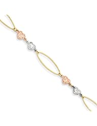 14K Tri-Color Marquise Link D/C Puff Hearts Bracelet Length 7.5"