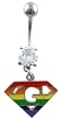 Crystal CZ Dangle Belly Button Navel Ring Bar Silver - Gay Pride in Rainbow Superman Emblem Parody with Diamond - Cute Trendy