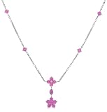 14k White Gold Lab-Created Pink Sapphire Floral Drop Necklace, 18