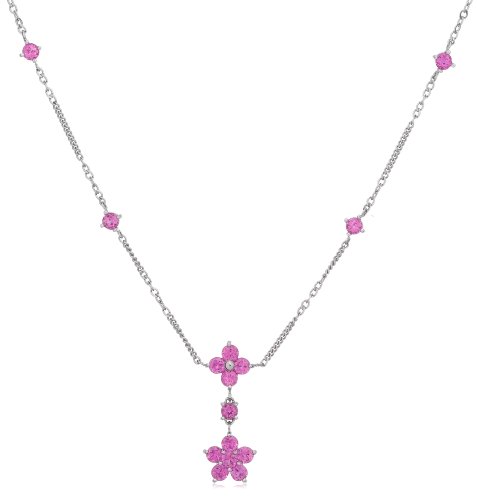 14k White Gold Lab-Created Pink Sapphire Floral Drop Necklace, 18''