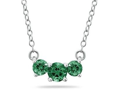 1.00 CTW Emerald Three Stone Pendant Necklace 14K White Gold