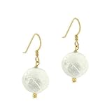 Vermeil (24k Gold over Sterling Silver) Genuine Freshwater Cultured Round Iridescent White Coin Pearl Bead Dangle Hook Earrings