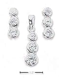 Sterling Silver Triple Graduated Drop Earrings Pendant Set With CZs