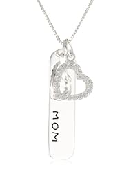 Sterling Silver "Mom" Dog Tag with Swarovski Crystal Open Heart Charm Necklace, 18"