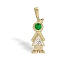 14K Yellow Gold Genuine Round Emerald and Diamond Girl Pendant