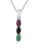 Sterling Silver Ruby, Sapphire and Emerald Three-Stone Pendant, 18