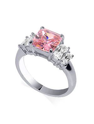 Nickel Free Sterling Silver Princess Cut Pink and Clear Cubic Zirconia Rhodium Plated Polished Finished 3mm Band Ring Size 9