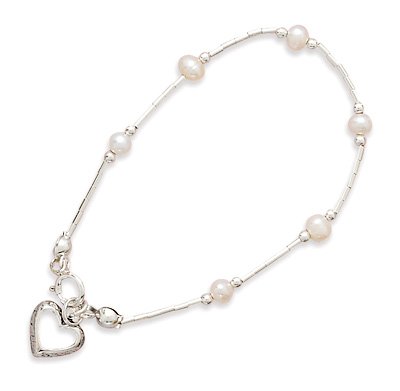 6 Liquid Silver/Cultured Freshwater Pearl/Open Heart Children's Bracelet
