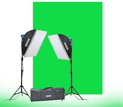 ePhoto Super Bright 1600 Watt Photo Video Green Screen Dimmable Focusable Tungsten Lighting Light Kit , with TWO Light heads, 2pc 800w Bulbs, Power Cables, 2 Larger SoftBoxes, 2 Tripod Light Stands, Carrying Case + 10 x 24 ChromaKey Screen Screen by ePhoto INC FL100B+10x24G