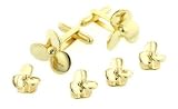 Jewelry : Yellow gold plated cufflinks and shirt stud propeller formal set with presentation box. Made in the U.S.A