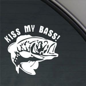 Kiss My Bass Fishing White Sticker Decal Car Window Wall Macbook Notebook Laptop Sticker Decal