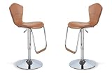 Contemporary Brown Leather-Match Adjustable Bar Stools, Set of Two