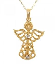Genuine Diamond Dangle Heart Angel Pendant w/ 18 Inch Chain