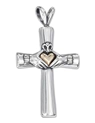 Sterling Silver Claddagh Cross Pendant with 14kt Gold Hollow Heart