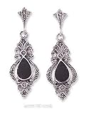 Sterling Silver Onyx Tear Marcasite Post Dangle Earrings
