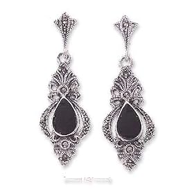 Sterling Silver Onyx Tear Marcasite Post Dangle Earrings by JewelryWeb