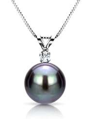 14k White Gold .05ctw SI3-I1 Clarity / G-H Color Diamond with 9-10mm Hand-picked Black Genuine South Sea Tahitian Pearl Pendant AAA Quality with 18" Box Chain Length Necklace.