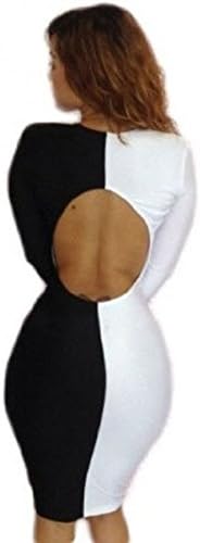 Rsan Women's Sexy V Neck Back Cutout Long Sleeve Bodycon Dress (Large, Black and White)