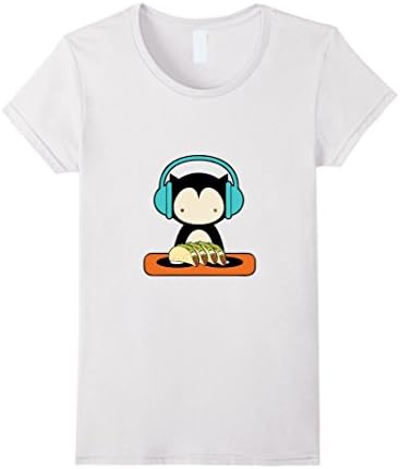 Women's DJ Cat Kitty Spinning Vinyls Tacos Headphones Music T-Shirt Medium White