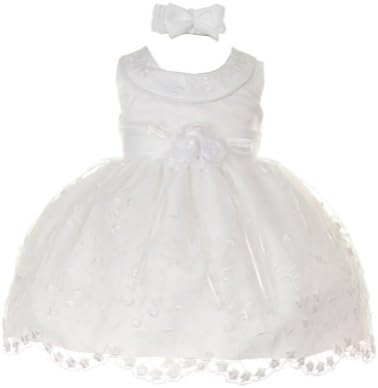 White Embroidery Round Neck Wedding Flower Girl Dress w/ Headband 2-pc Set (6M)