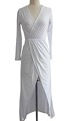 V-neck Cotton Long Sleeves Shift Stretchy Ruched Pleated Slit Empire   Waistline Cocktail Full Length Maxi Dress 