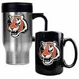 Cincinnati Bengals Stainless Steel Travel Mug and Black Ceramic Mug Set