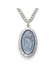 Sterling Silver Oval Blue Inlay St. Christopher Medal Catholic Jewelry St. Christopher Patron Saint St. Medal Catholic Gift Boxed w/Chain 18" Length Gift Boxed