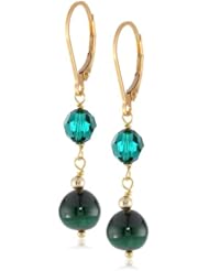 Malachite Bead and Faceted Round Emerald Swarovski Element Bead with Gold over Silver Leverback Drop Earrings