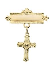 14K Yellow Gold Cross With Heart Baptismal Pin