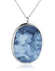 Sterling Silver Italian Blue Agate Two Ladys Profile Cameo Pin-Pendant Necklace, 18"