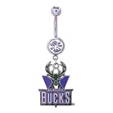 Milwaukee Bucks 316L Stainless Steel Belly Ring with Cubic Zirconia - 14G - 5/8 Inch Bar Length - Sold Individually