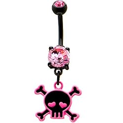 Black Pvd Pink Skull and Crossbones Belly Ring
