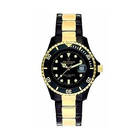 Jules Jurgensen Mens Watch 7801BG Swiss Quartz Movement Mineral Crystal Black and Gold Rubber Strap New