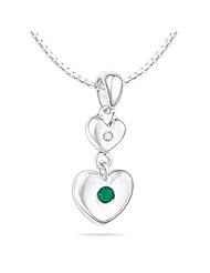 Childrens Jewelry - 0.01 Cts Diamond & 0.03 Cts Natural Emerald May Birthstone Double Heart Pendant in Silver