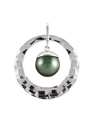 Faceted Sterling Silver Ring Pendant with 3/4 Cut Black Tahitian Pearl Dangle in Gift Box