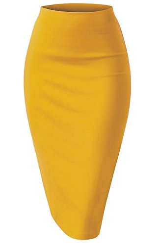 Women Elastic Waist Band Stretchy Fabric Pencil Skirt (Large, Mustard)