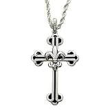 Sterling Silver 1 1/2" Gothic Cross Necklace with Inner Fleur De Lei on 22" Chain