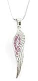 Gorgeous Single Angel Wing Feather Charm Necklace with Pink Austrian Crystals Silver Tone