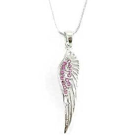 Gorgeous Single Angel Wing Feather Charm Necklace with Pink Austrian Crystals Silver Tone