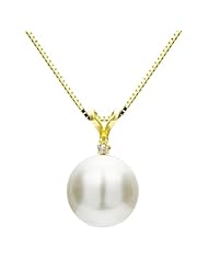 14k Yellow Gold 9-10mm Hand-picked White Round Genuine Cultured Freshwater High Luster Pearl Pendant with .01ctw Diamond with 18" Chain Length Necklace. -Most Wanted Holiday Gift.