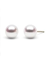 HinsonGayle AAA Handpicked Genuine Japanese Akoya 8.0-8.5mm White Cultured Pearl Stud Earrings (Solid 14K Yellow Gold)