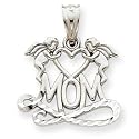 14k White Gold Polished D/C Mom Heart w/Angel Pendant