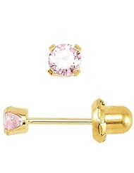 Jewelry Locker Child or Teen 14k Gold and Inverness Pink CZ Piercing Earrings (3.00 mm)