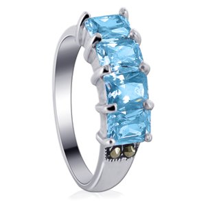 Nickel Free Sterling Silver Quad Emerald Cut Aquamarine Cubic Zirconia Polished Finish Marcasite Accents Band Ring Size 5, 6, 7, 8, 9, 10
