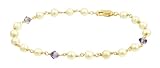 Gold Plated Sterling Silver with Crystallized Swarovski Elements February Birthstone Amethyst Color Bicone Beads and Freshwater Cultured Pearl Bracelet, 7.5″