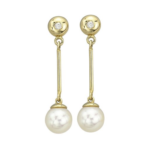Cultured Pearl and 0.04 ct. Diamond Drop Earrings in 14K Yellow Gold