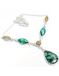 Green Fire Sterling Silver Copper Malachite, Malachite, Rutilated Quartz Y-shape Necklace